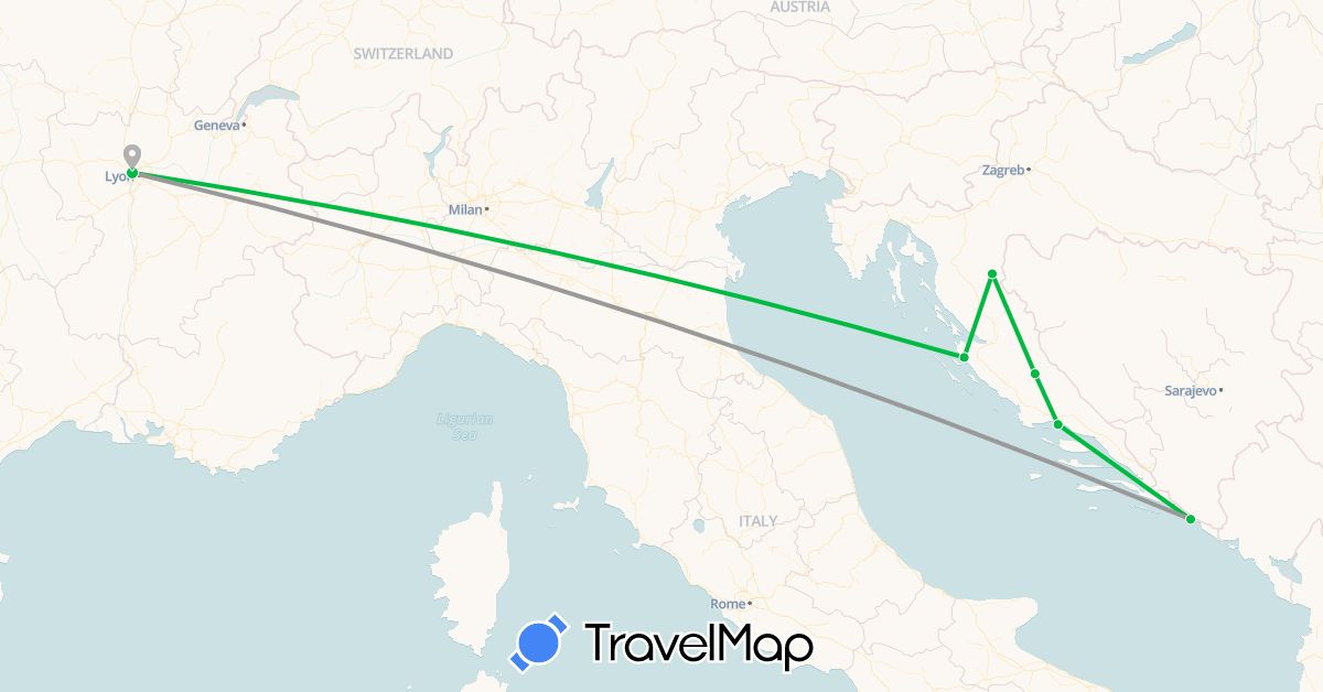 TravelMap itinerary: bus, plane in France, Croatia (Europe)